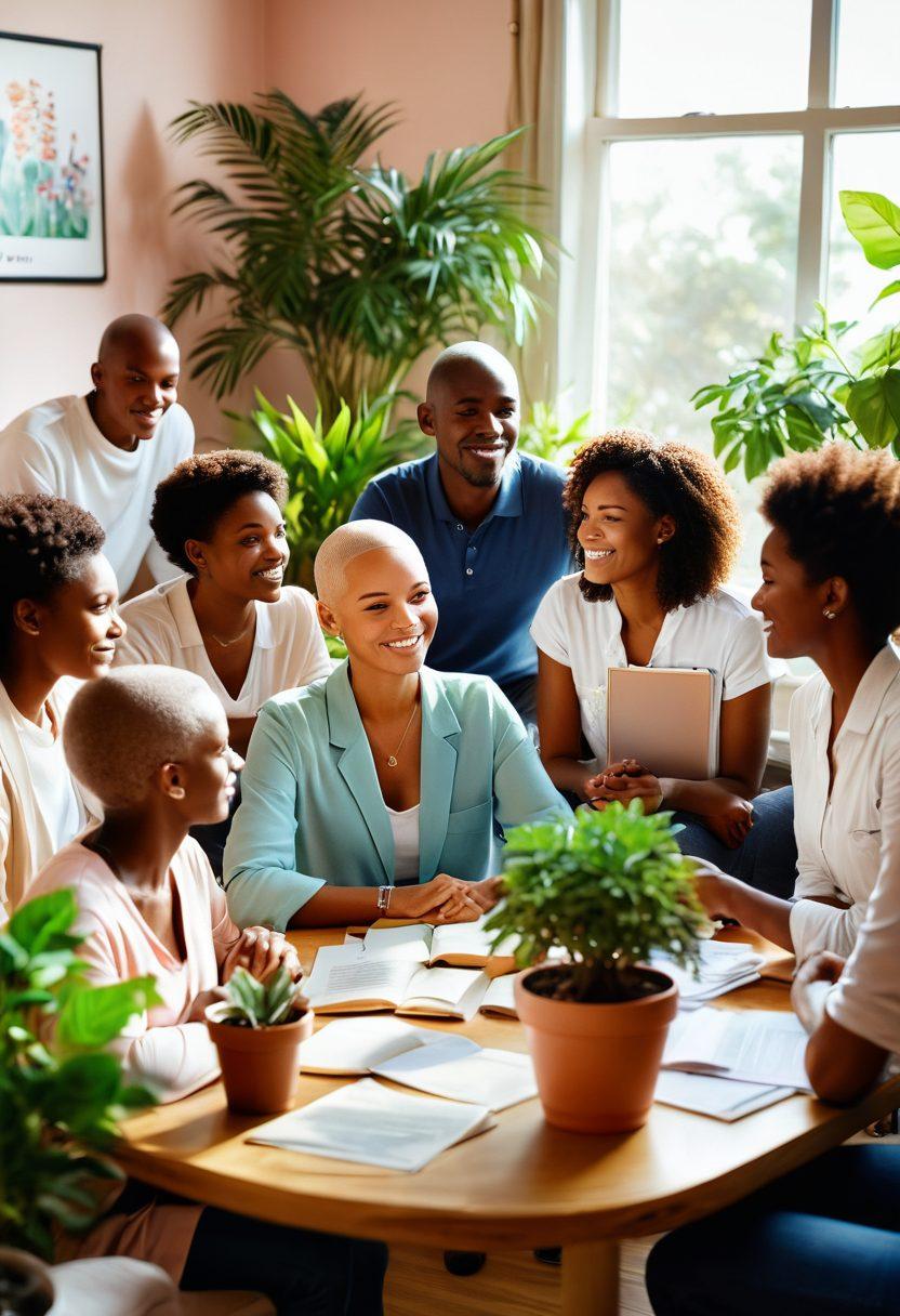 An inspiring scene featuring a diverse group of individuals engaged in a supportive group discussion in a sunlit room, surrounded by plants and motivational posters about cancer wellness and financial independence. Highlight symbols of growth like potted plants and open books. The atmosphere should convey hope, empowerment, and community resilience. soft pastel colors. warm lighting. 3D.