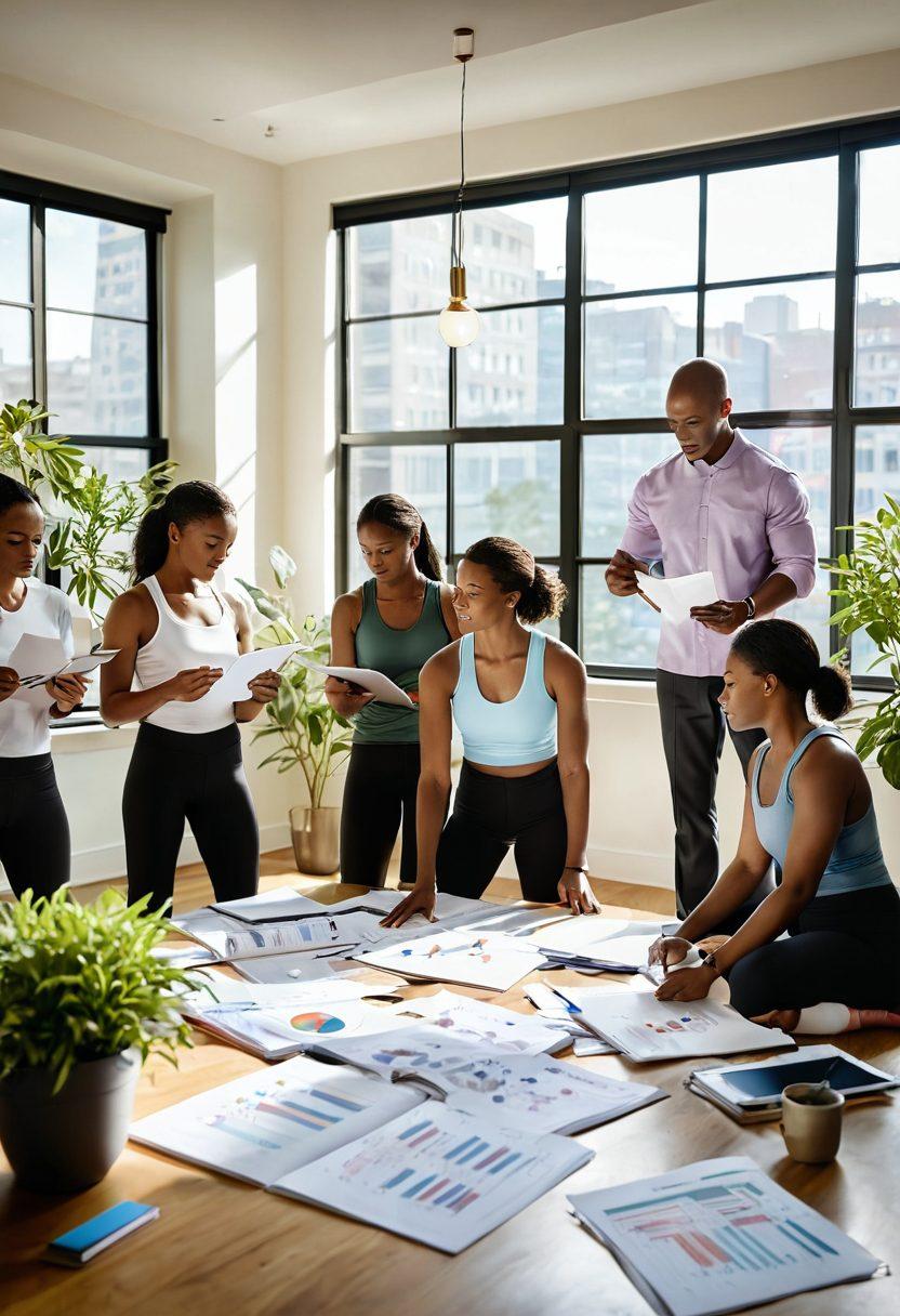 A serene scene depicting a diverse group of individuals working together in a supportive environment, showcasing a blend of physical strength training with financial planning materials scattered around, such as charts and notebooks, symbolizing the merger of cancer support and smart financial management. This is set in a bright, uplifting atmosphere with plants and sunlight filtering in through large windows. The image should evoke feelings of hope, resilience, and community. super-realistic. vibrant colors. soft focus.