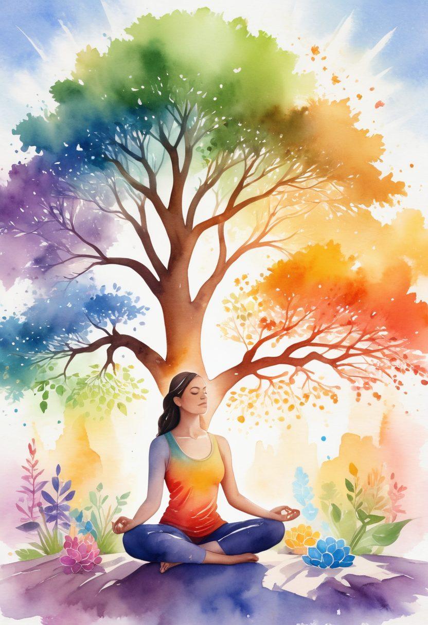 A serene landscape depicting a person meditating under a tree, surrounded by symbols of wellness like chakra colors, healing crystals, and blooming flowers. In the background, a partial view of a graph indicating financial growth, with gentle sunbeams illuminating the scene. The overall mood is uplifting and empowering. vibrant colors. peaceful ambiance. watercolor style.